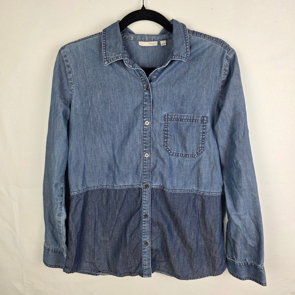 Halogen Womens‎ Two Tone Chambray Button Down Shirt Blue Cotton Colorblock Small